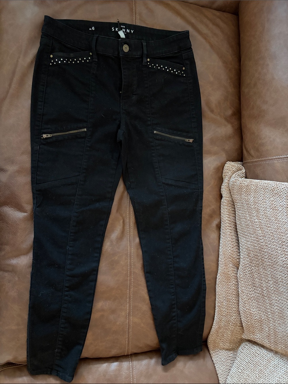 White House Black Market Black Skinny Jeans with Stud Trim & Zip Accents